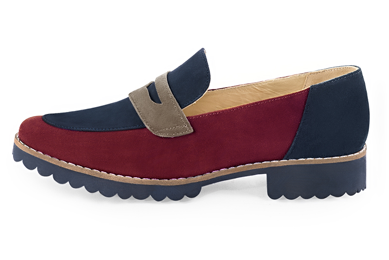 Burgundy red, navy blue and tan beige women's casual loafers. Round toe. Flat rubber soles. Profile view - Florence KOOIJMAN